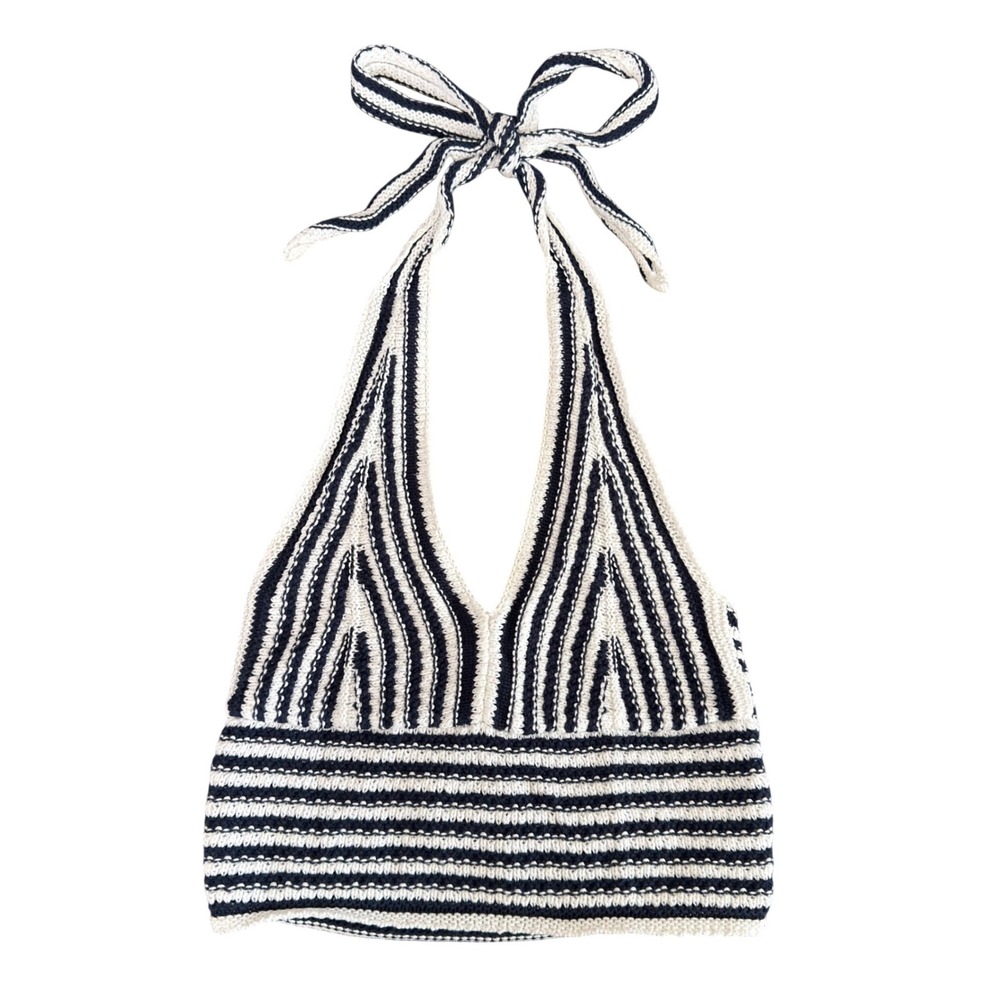 Hollister Crochet Knit Halter Top Womens Medium Navy White Striped Boho Summer